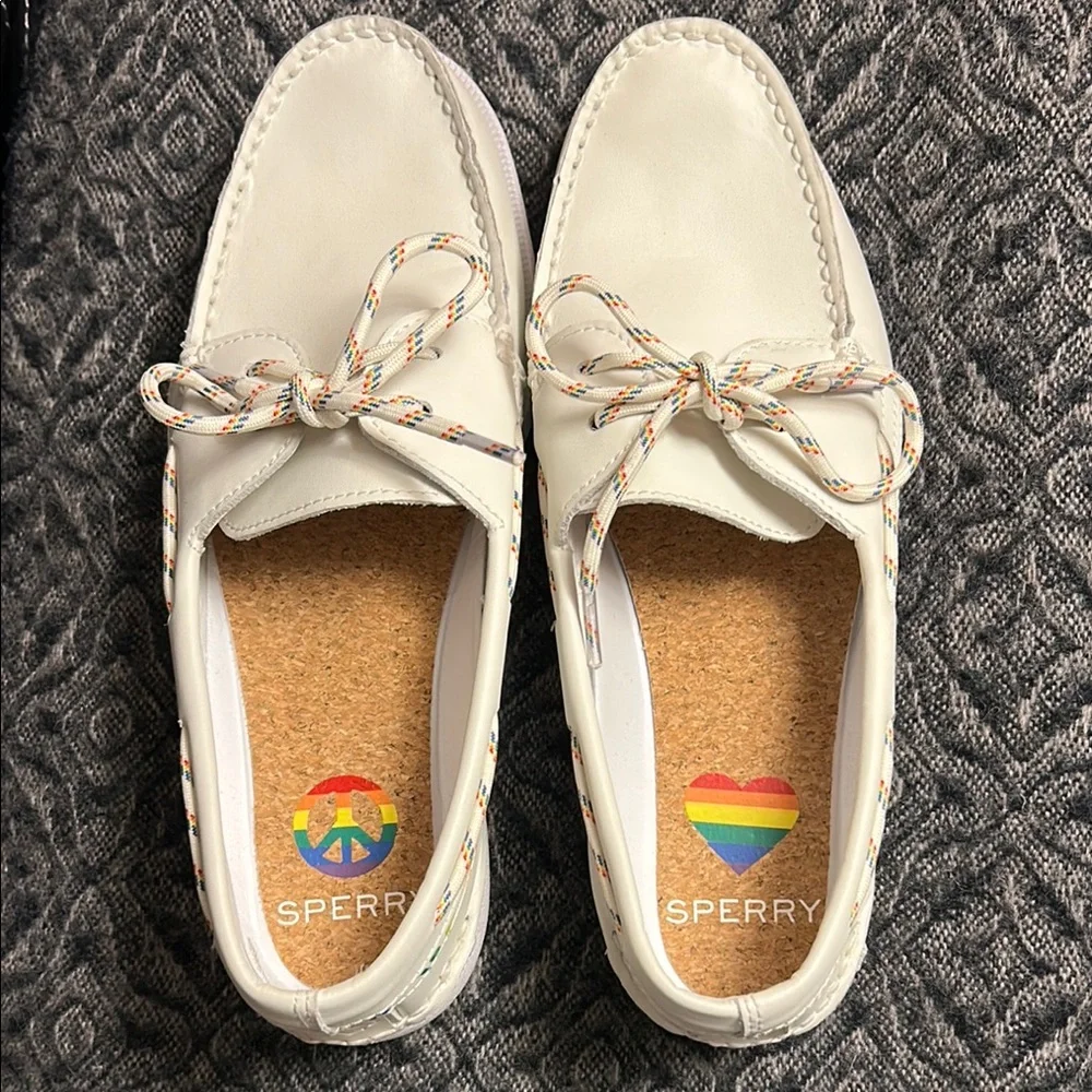 Sperry Men's Authentic Original Pride 2-Eye White/Rainbow Boat Shoes, Size 10
